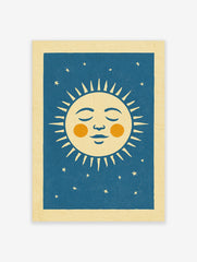 Retro sleeping sun illustration with orange cheeks and stars on a deep blue background, unframed paper art print