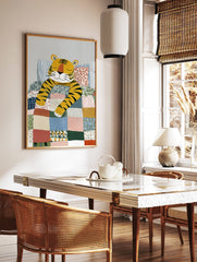 Illustrated sleeping tiger in a bed with a colorful patchwork quilt and striped pillows, perfect for kids room wall art. - Image 2