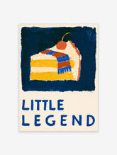 Colourful slice of cake poster with yellow sponge, blue and red icing, cherry, and Little Legend text on navy