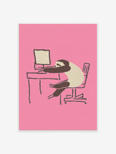 Pink sloth wall art illustration of a sleepy sloth slumped over an office desk with a computer.