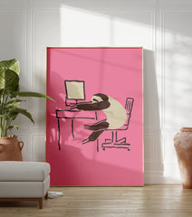 Pink sloth wall art illustration of a sleepy sloth slumped over an office desk with a computer. - Image 3