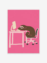 Humorous sloth wall art illustration of a brown sloth sleeping on a desk with a computer against a vibrant pink background.