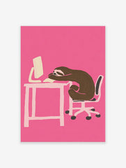 Humorous sloth wall art illustration of a brown sloth sleeping on a desk with a computer against a vibrant pink background.