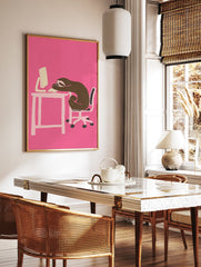 Humorous sloth wall art illustration of a brown sloth sleeping on a desk with a computer against a vibrant pink background. - Image 2