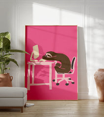 Humorous sloth wall art illustration of a brown sloth sleeping on a desk with a computer against a vibrant pink background. - Image 3