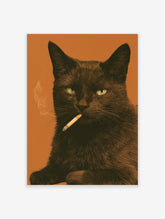 Black cat smoking a cigarette illustration against an orange background, illustrative animal wall art print