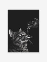 Black and white smoking cat poster looking upwards with smoke rising from its cigarette, detailed illustrative animal art.