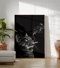 Black and white smoking cat poster looking upwards with smoke rising from its cigarette, detailed illustrative animal art. - Image 3