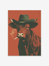 Smoking Cow poster wearing a cowboy hat and smoking a cigarette against a reddish-orange background.