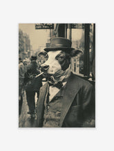 Smoking Cow Poster | Vintage black and white photograph of a cow in a suit and hat, smoking a cigarette on a city street.