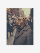 Smoking dog poster featuring a dog in a tweed coat and scarf holding a cigarette in a vintage style city scene.