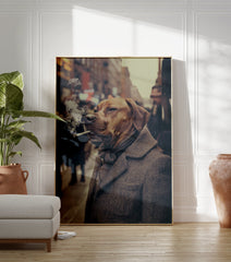 Smoking dog poster featuring a dog in a tweed coat and scarf holding a cigarette in a vintage style city scene. - Image 3