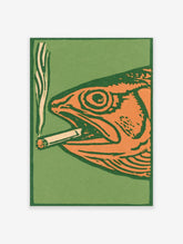 Orange fish smoking a cigarette with smoke plume on green background, surreal animal poster print