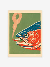 Pop art poster of a blue and red fish smoking a cigarette with pink smoke on a green background