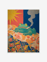 Vibrant woodblock print of a green smoking frog with yellow eyes on a patterned bed, under a yellow sun and blue sky.