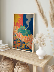 Vibrant woodblock print of a green smoking frog with yellow eyes on a patterned bed, under a yellow sun and blue sky. - Image 3
