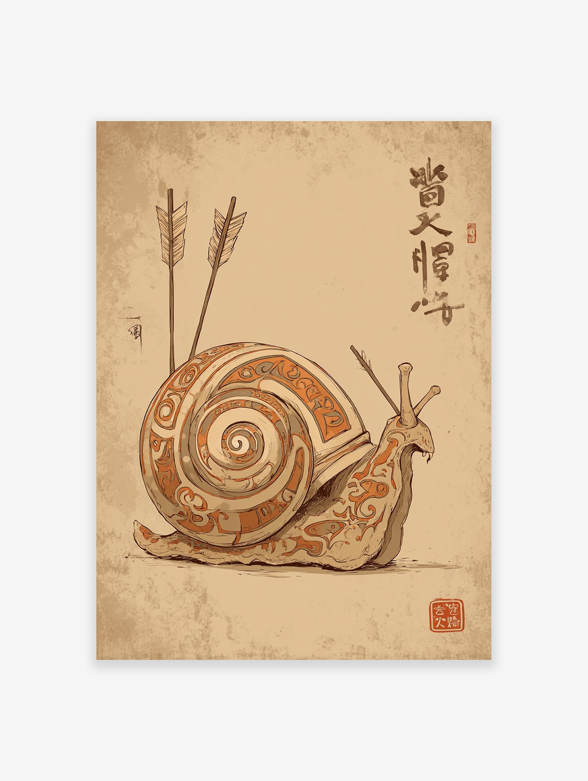 Illustrated snail art print with intricate patterns, arrows, and Japanese calligraphy on an earth-toned background.