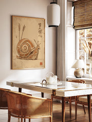 Illustrated snail art print with intricate patterns, arrows, and Japanese calligraphy on an earth-toned background. - Image 3