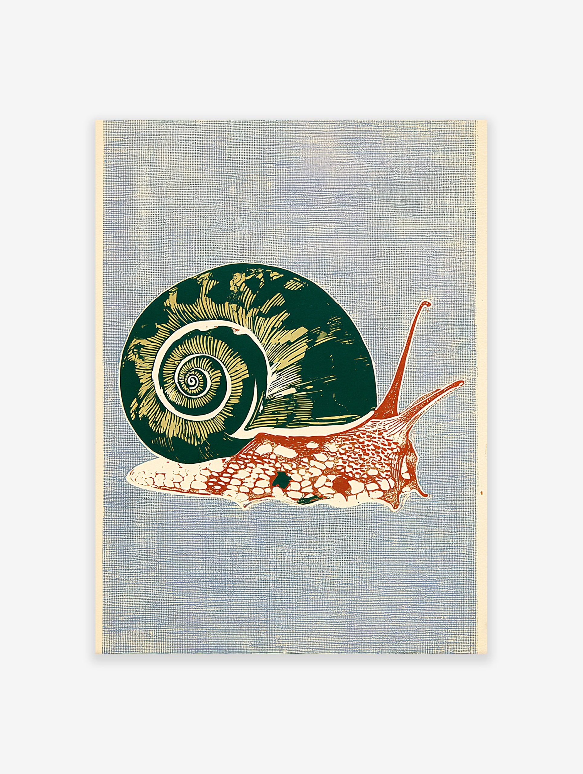 Botanical snail wall art print with a green shell and red body on a textured blue background in an illustrative style.