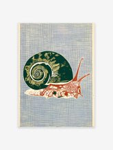 Botanical snail wall art print with a green shell and red body on a textured blue background in an illustrative style.