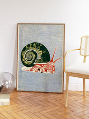 Botanical snail wall art print with a green shell and red body on a textured blue background in an illustrative style. - Image 2