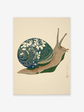 Stylized snail art print with a dark teal botanical shell and brown body, depicted in a woodblock style on a cream background.