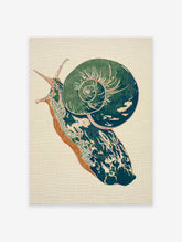 Illustrated green and brown snail wall art print with intricate details on a textured cream background
