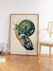 Illustrated green and brown snail wall art print with intricate details on a textured cream background - Image 2