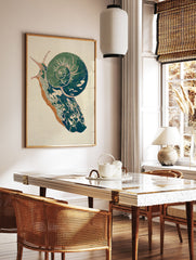 Illustrated green and brown snail wall art print with intricate details on a textured cream background - Image 3