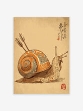 Illustrated snail wall art with an ornate orange and grey shell pierced by two arrows, featuring Japanese calligraphy and a red seal.