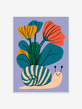 Illustration of a smiling snail with a striped shell carrying yellow, orange and teal flowers on a lavender background