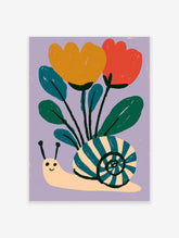 Colourful snail with striped shell carrying yellow and red flowers on lilac background art print