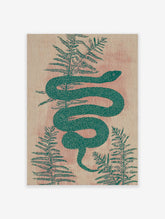 Green snake coiling around fern leaves on a textured peach background, botanical illustration wall art print.