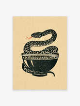 Vintage-style snake coiled in a black bowl with red tongue on beige background art print