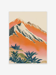 Illustrative mountain landscape art print with snow-capped peaks, orange and pink sky, and green plants