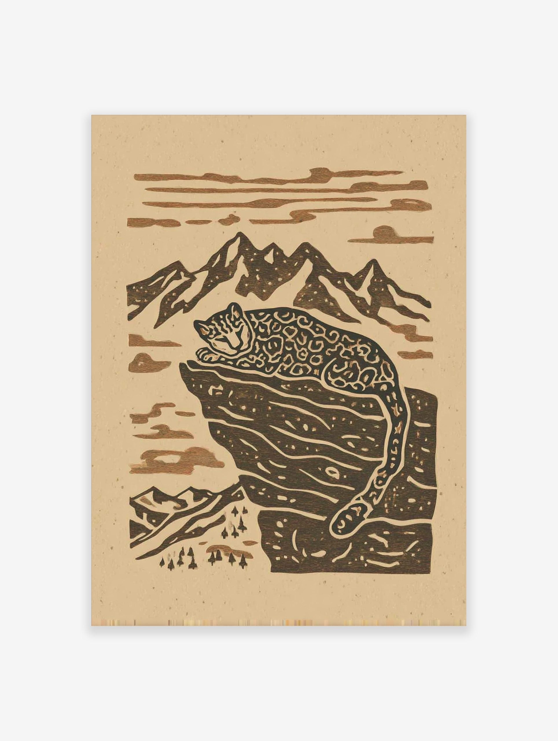 Stylised snow leopard resting on a rocky mountain ledge with peaks and clouds in a two-tone art print