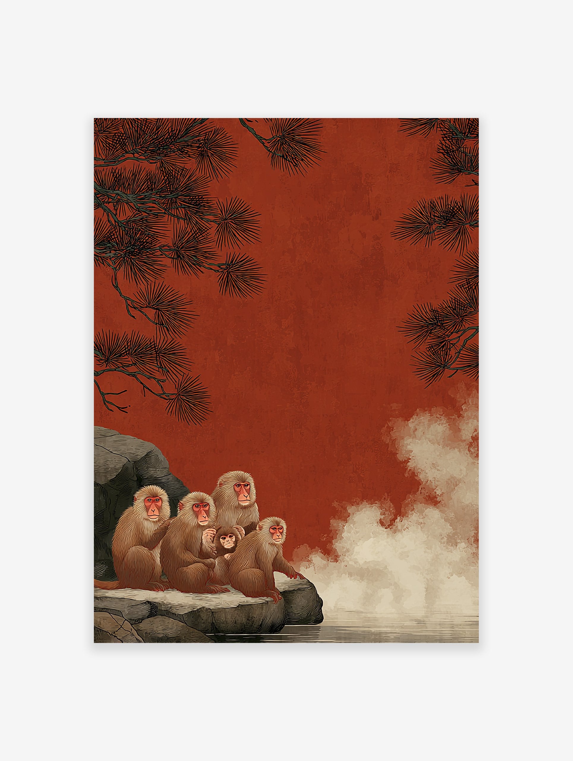 Snow monkey family, including a baby, sitting on rocks by a hot spring with pine trees and a red background.