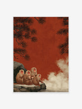 Snow monkey family, including a baby, sitting on rocks by a hot spring with pine trees and a red background.
