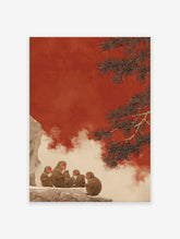 Japanese snow monkeys on a snowy cliff with a red sky and pine tree branches. Snow Monkey Wall Art illustration.