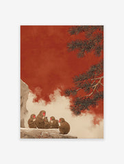 Japanese snow monkeys on a snowy cliff with a red sky and pine tree branches. Snow Monkey Wall Art illustration.