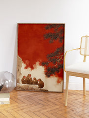 Japanese snow monkeys on a snowy cliff with a red sky and pine tree branches. Snow Monkey Wall Art illustration. - Image 2