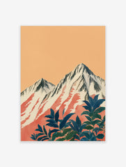 Illustrative print of snow-capped mountains with red streaks and dark blue-green foliage against an orange sky