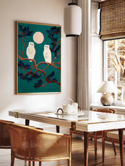Snowy owl art print featuring two white owls on a pine branch under a pale moon against a deep teal night sky. - Image 2