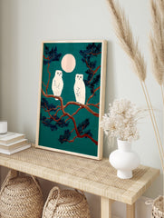 Snowy owl art print featuring two white owls on a pine branch under a pale moon against a deep teal night sky. - Image 3