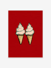 Two soft serve ice cream cones with pink swirls and teal outlines on a red background art print