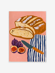 Illustrative art print of sliced sourdough bread, figs, and a striped tea towel on a pink background