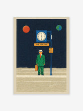 Surreal illustrative print of a man in green suit at a bus stop in space with planets and clock