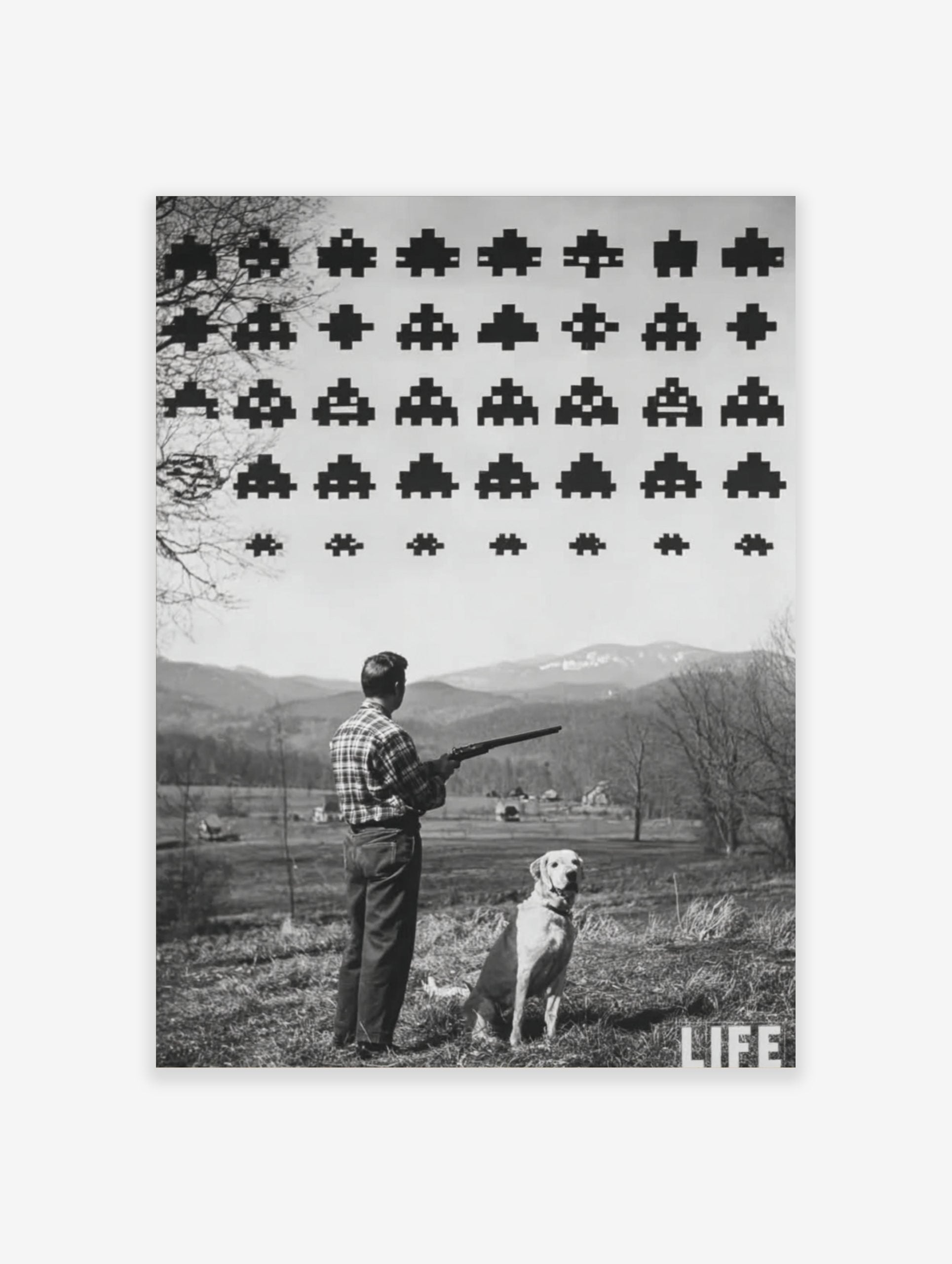 Monochrome print of a man with a shotgun and dog looking at pixelated Space Invaders in a rural landscape