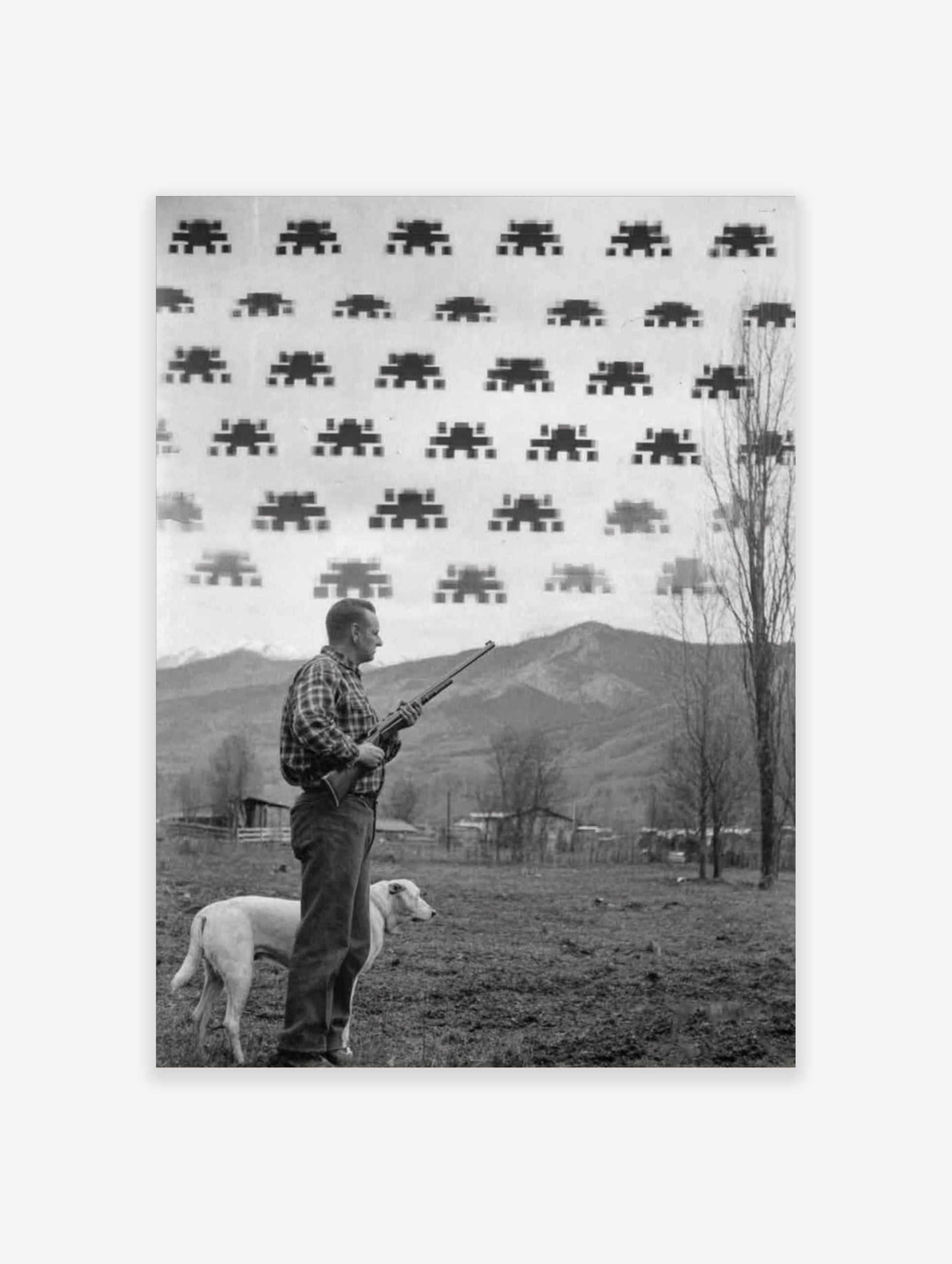 Monochrome print of a man with a rifle and dog looking at pixelated Space Invaders in the sky
