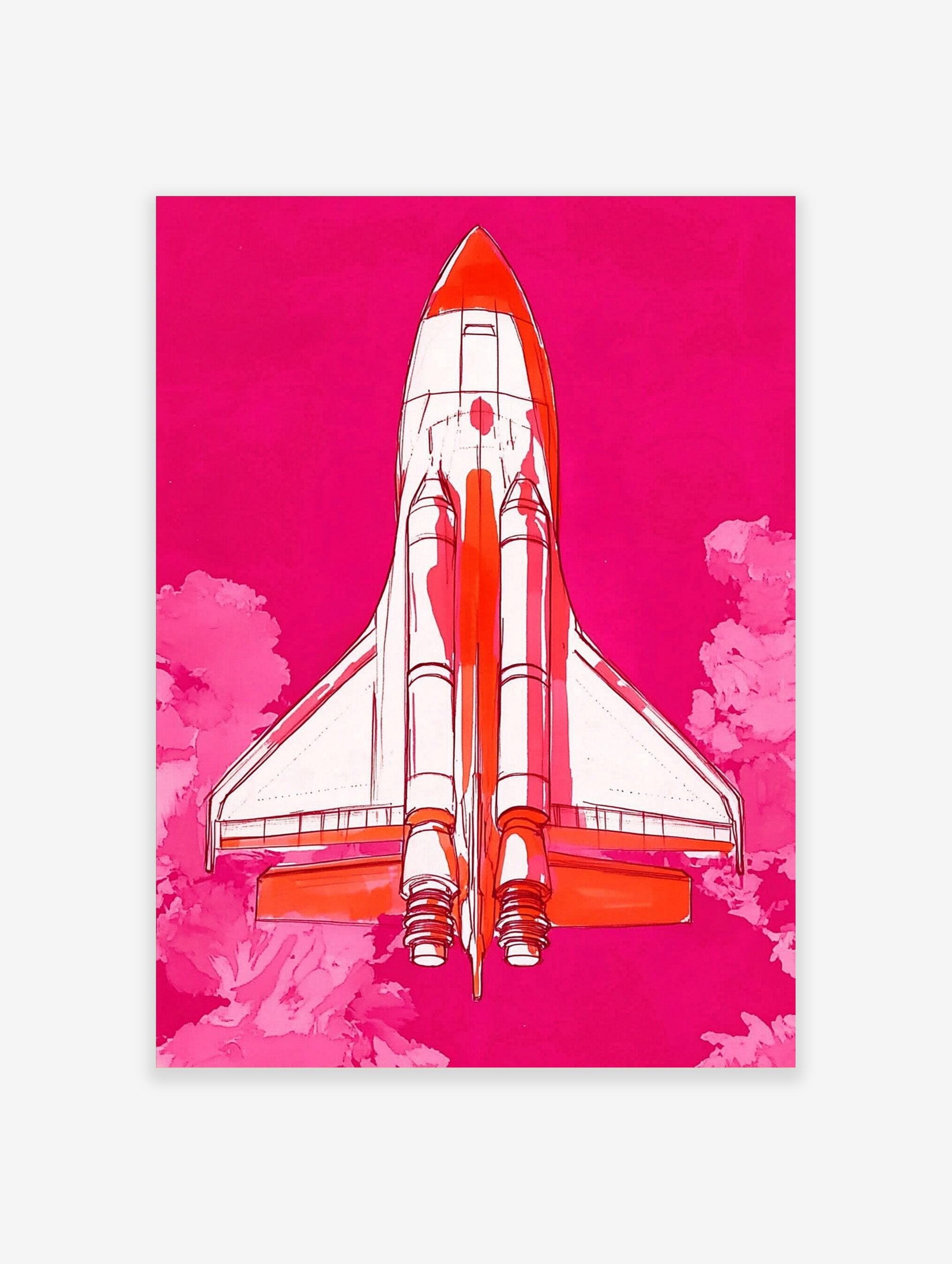 Illustrative Space Shuttle rocket in white and orange against a vibrant pink sky with pink clouds